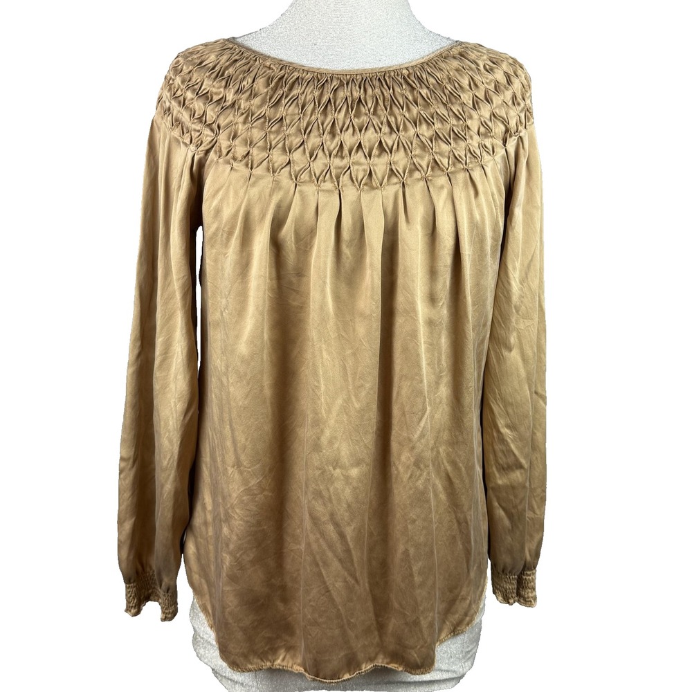 Sundance Tunic Top Womens M Gold Silk Smocked Scoop Neck Boho Peasant Blouse